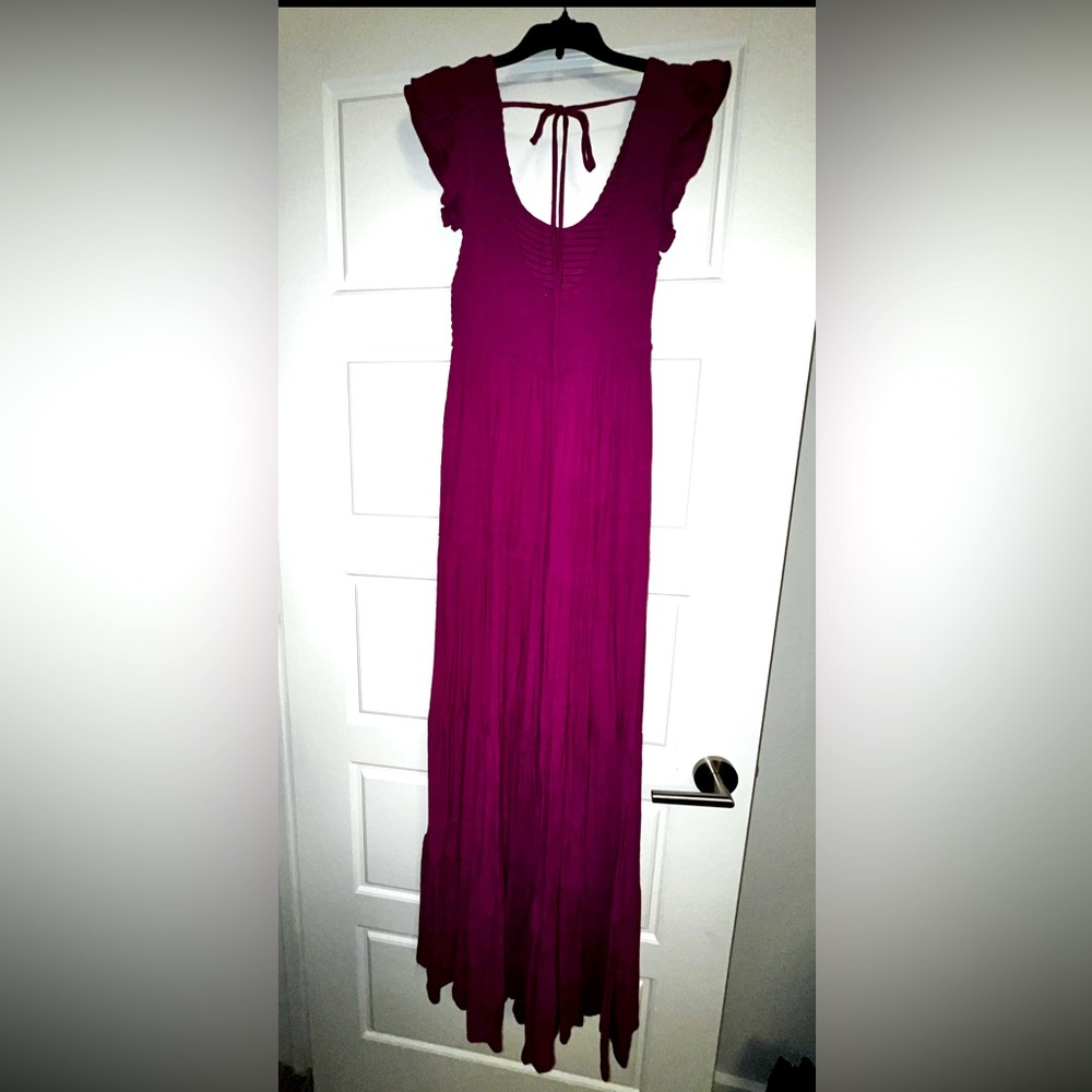 Raspberry pink Vestique tiered maxi dress, size small.